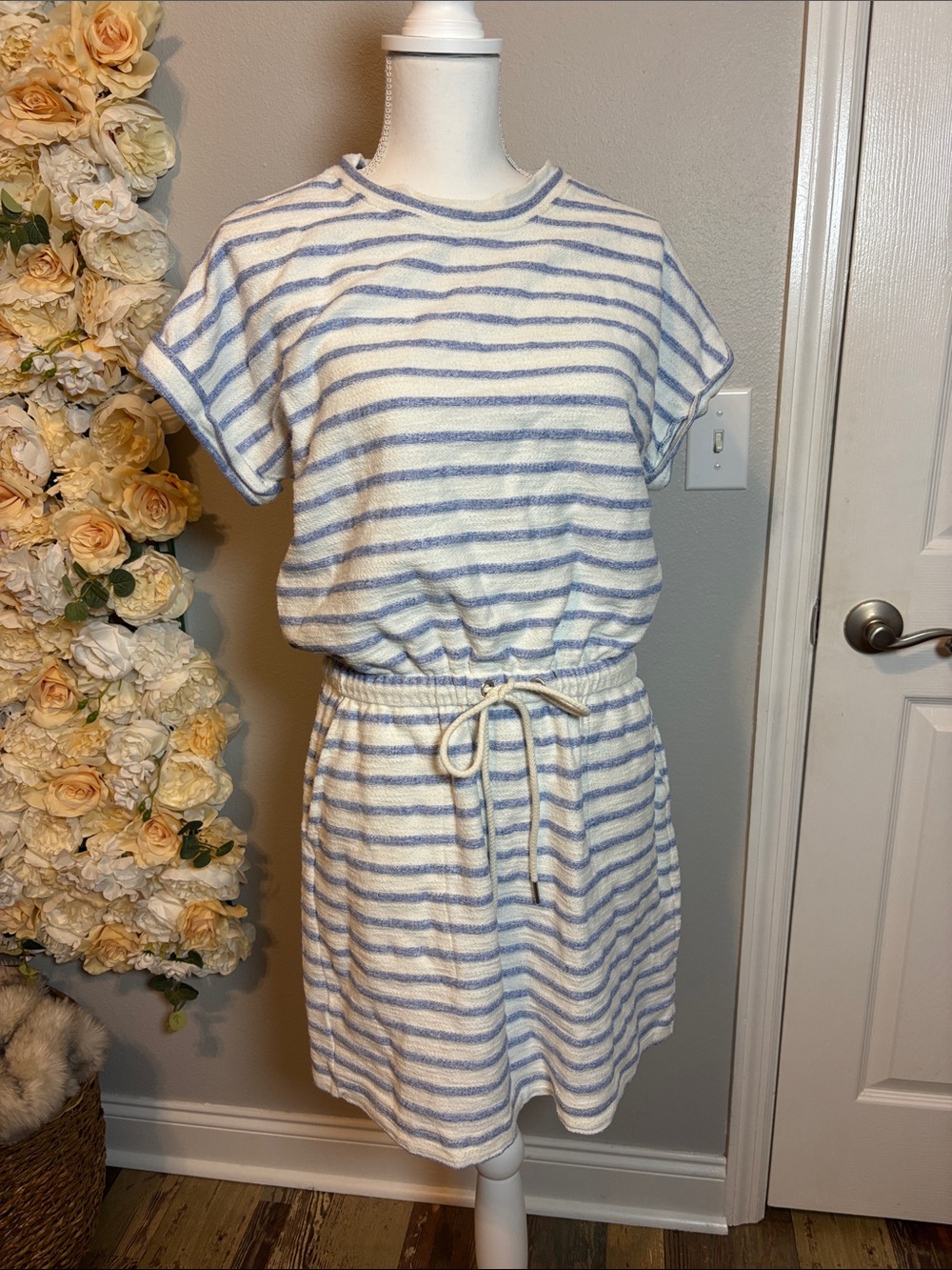 Lou & Grey White and Light Blue Striped Short Sleeve Terry Dress